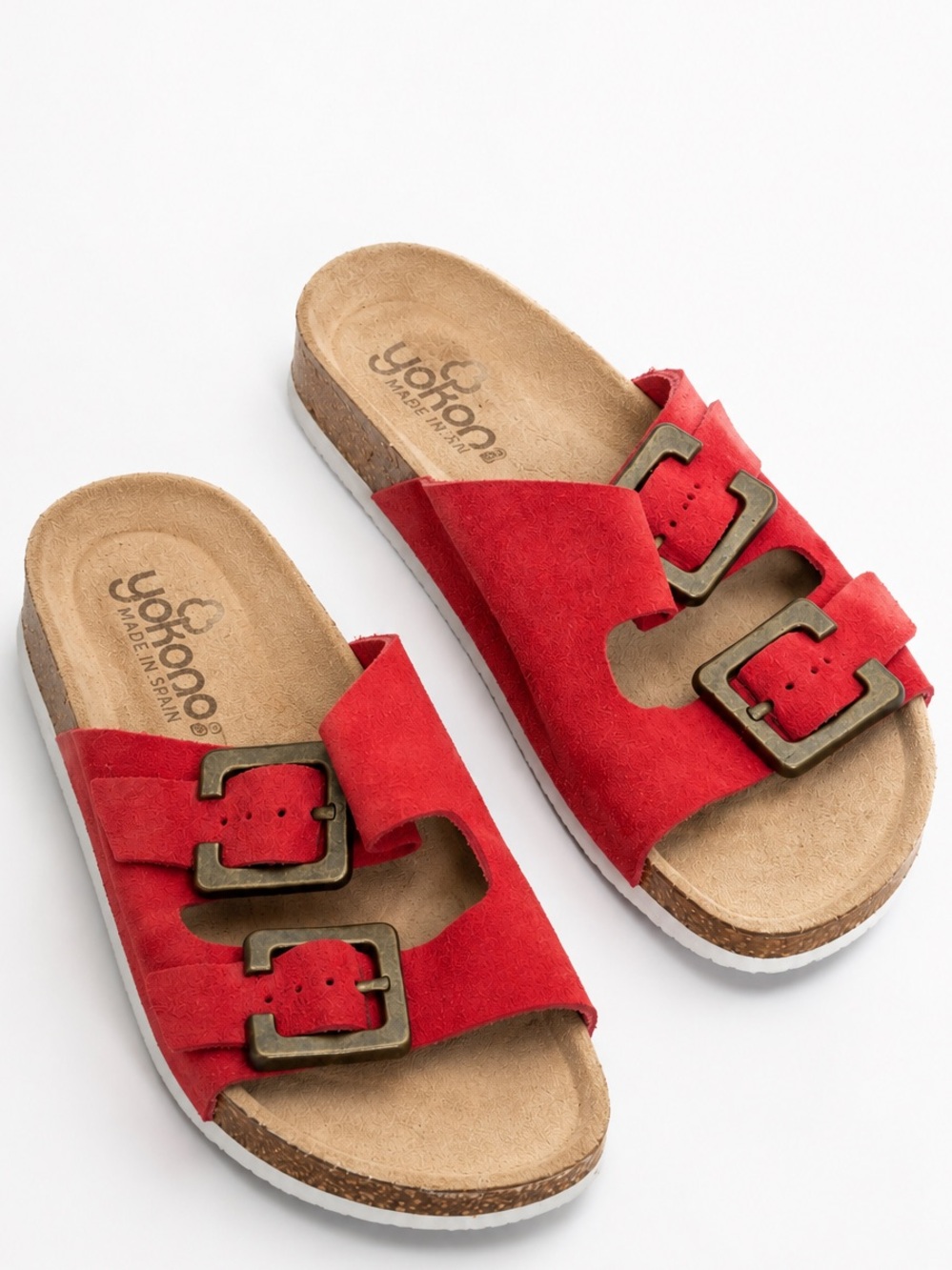 Yokono Made in Spain Red Genuine Leather Suede Double Buckle Slides Size 9